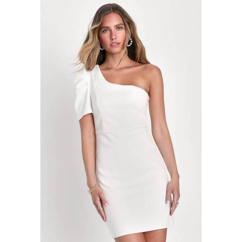 Lulus Stay Gorgeous White One-shoulder Puff Sleeve Mini Dress - Size S